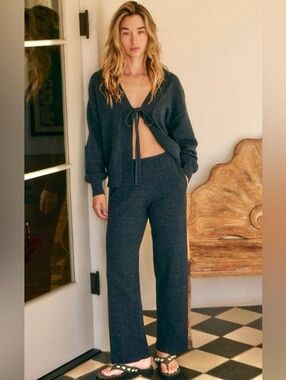 Free People Beach Solar Knit Sweater Set Navy Blue Small